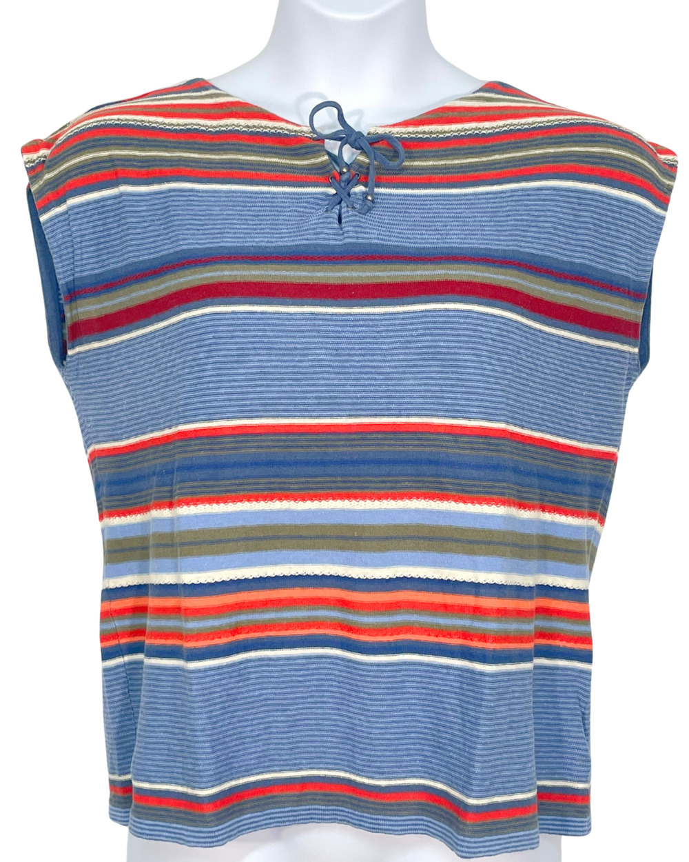 3/$20 Chaps Sz L Cap Sleeve Sweater Lace-Up Neckline Striped Linen Blend Western